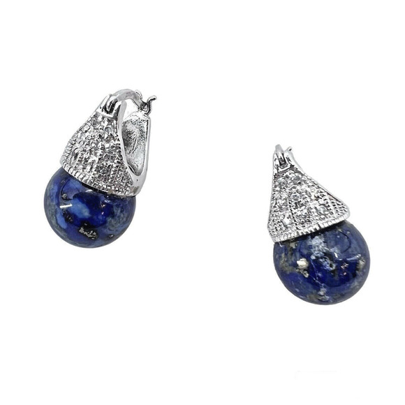 Lapis Lazuli Blue Gemstone & Sterling Silver 925 Latch Drop Earrings - Picture 1 of 7